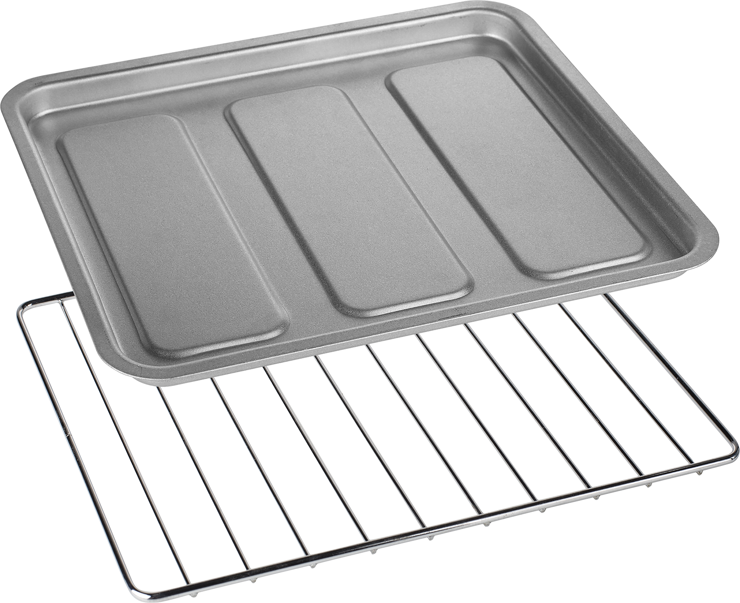 A silver baking tray with three sections sits above a metal wire rack.
