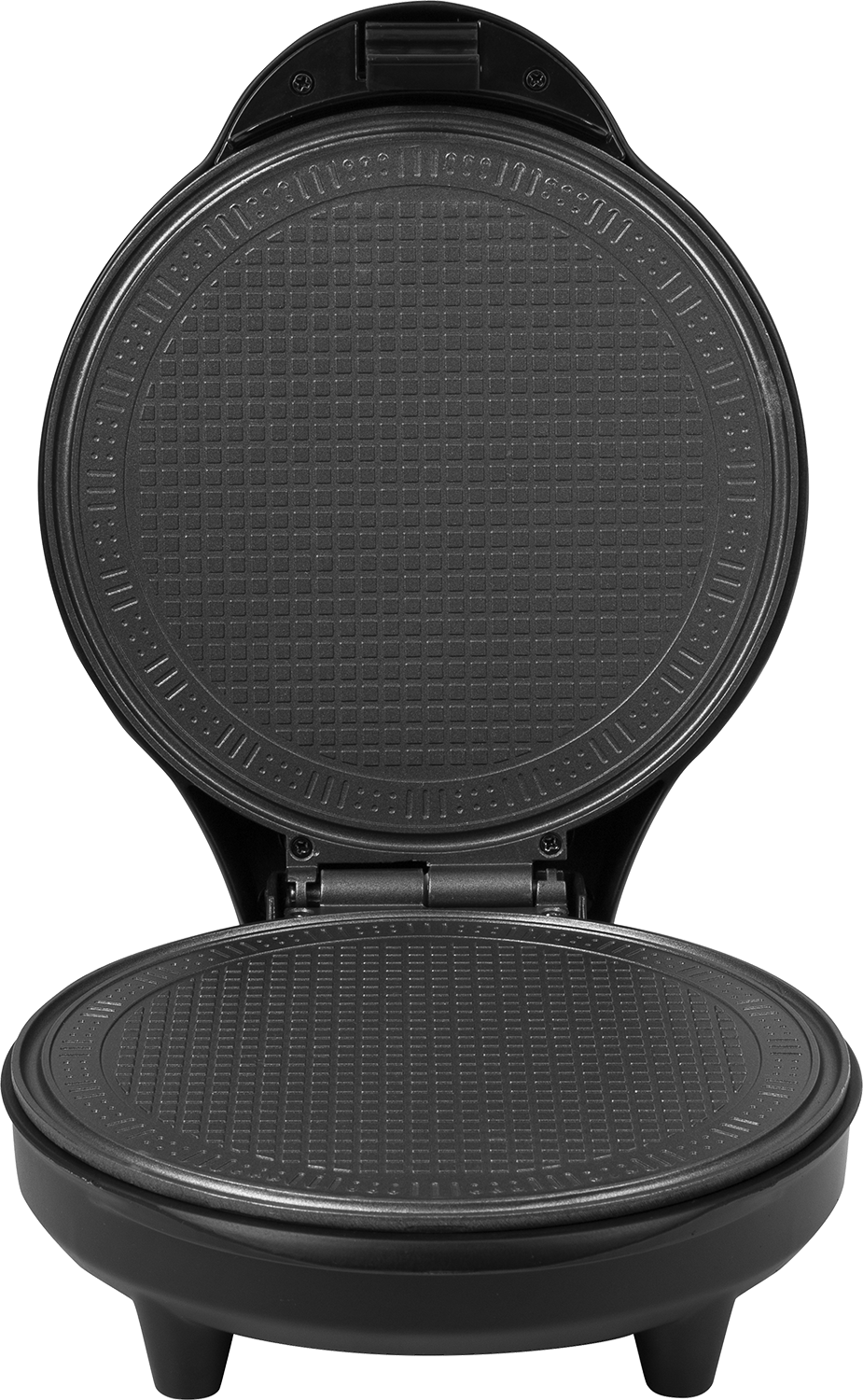Black waffle maker, open, showing the waffle grids. The interior is dark. The base has legs.