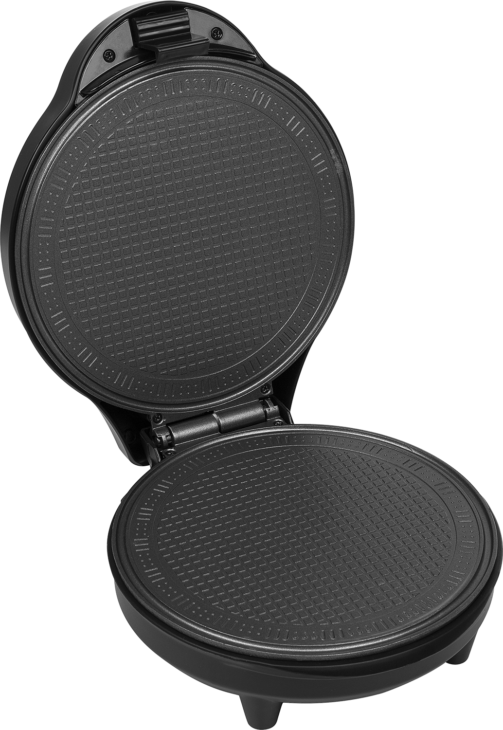 Open waffle iron showing the cooking surfaces, black with textured grid patterns.