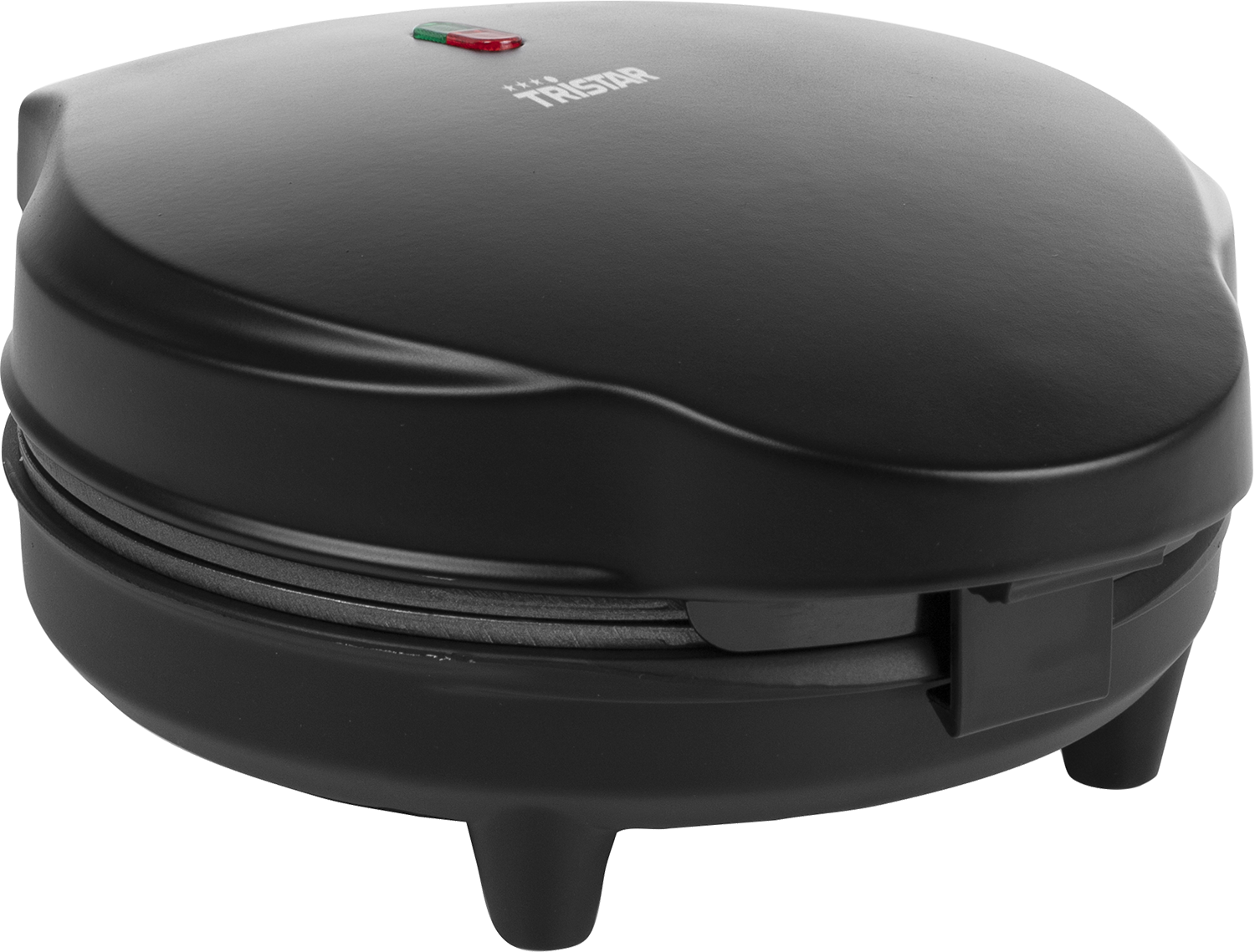 Black waffle maker with a closed lid and three small feet.