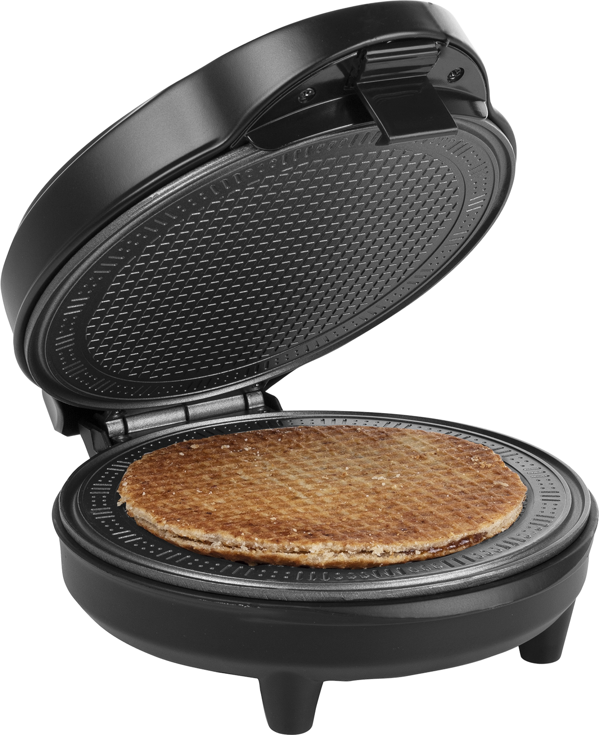 A waffle maker with a cooked waffle inside.