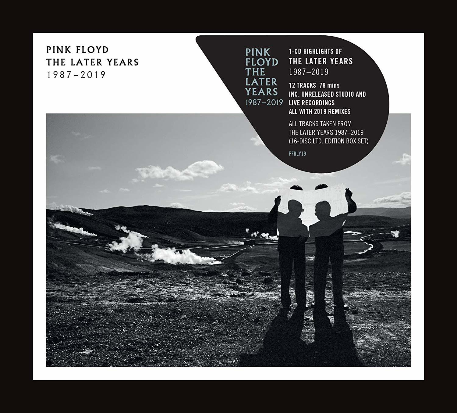 Pink Floyd Albumcover. Drei Figuren stehen vor einer Landschaft und halten eine Box hoch. Albumtitel oben.
