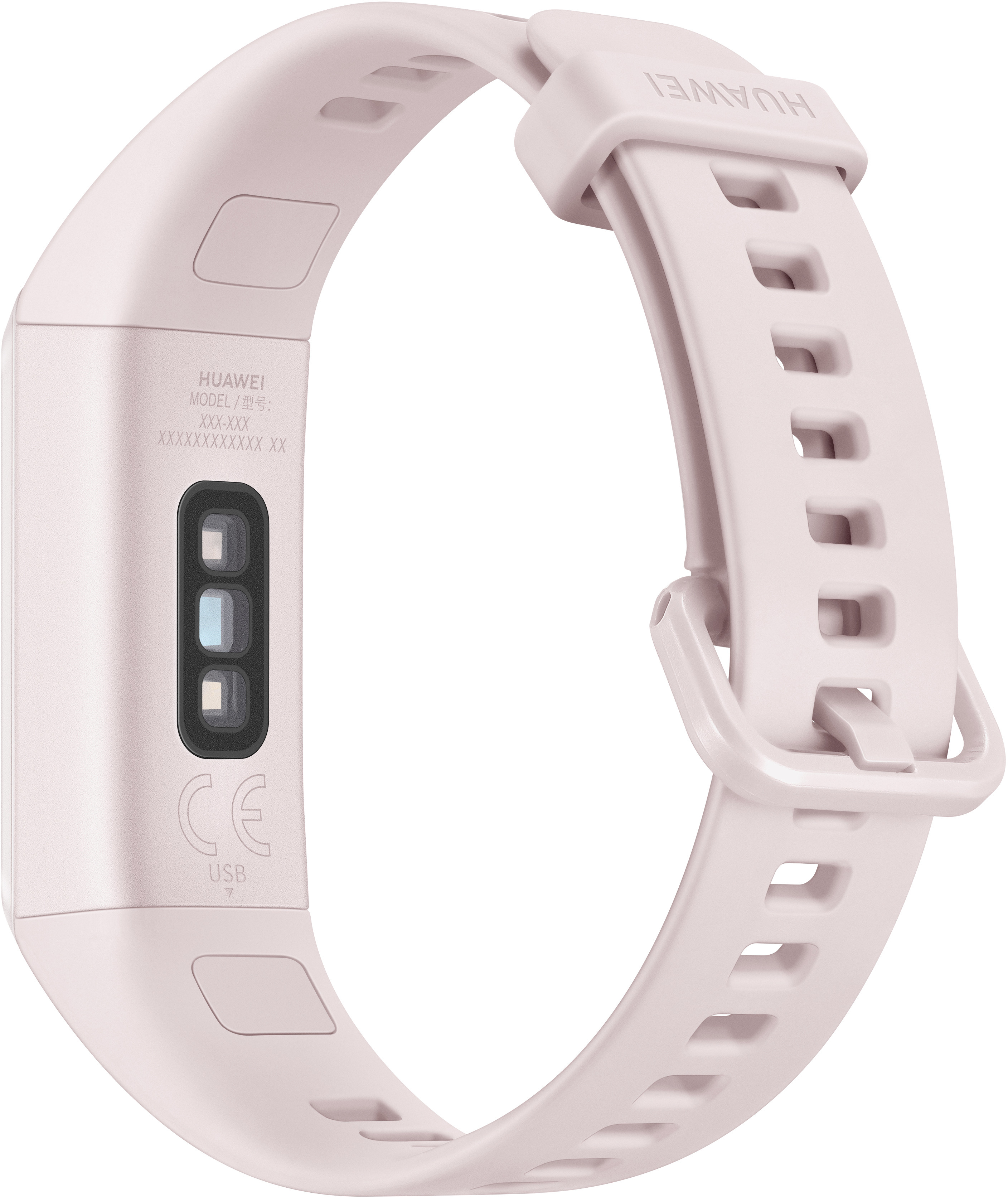 Egy rózsaszín Huawei fitneszkövető, pánttal.