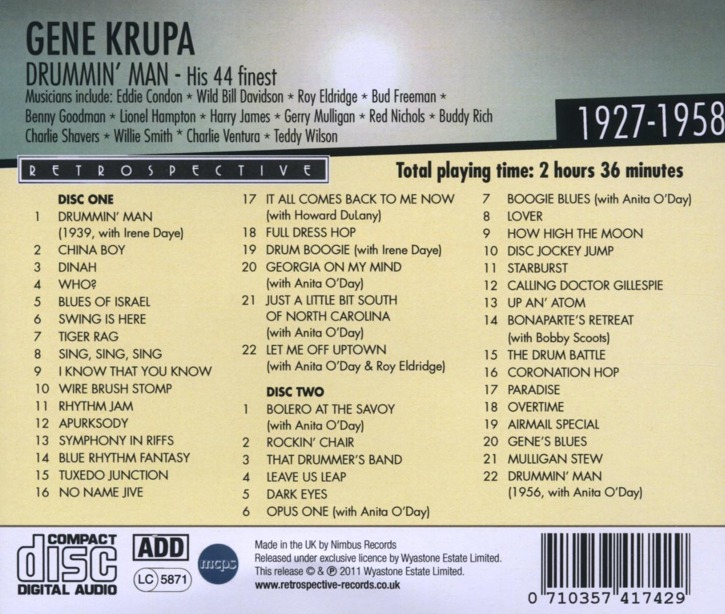 Albumcover von Gene Krupa, Drummin' Man, mit Titelliste und Musikernamen.