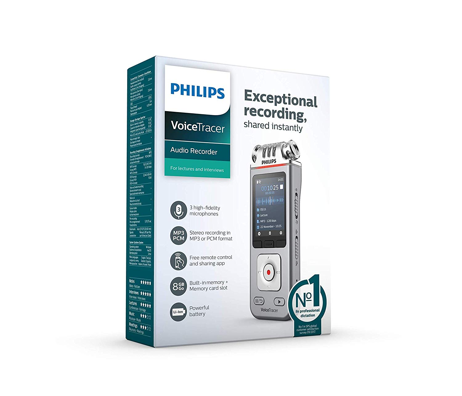 Ein Philips VoiceTracer Audiorecorder in seiner Verpackung. Der Rekorder ist sichtbar.