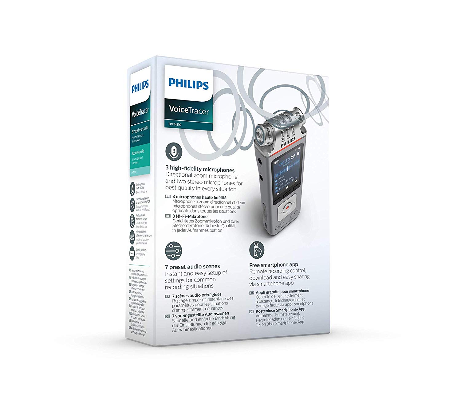 Verpackter Philips VoiceTracer-Rekorder, der Produktmerkmale und einen digitalen Bildschirm zeigt.