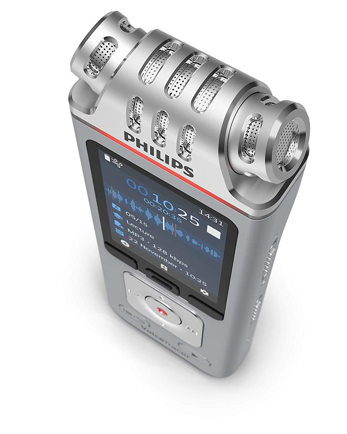 Silberner Philips VoiceTracer-Recorder mit Bildschirm, der Audiopegel und ein Menü anzeigt. Zwei Mikrofone oben.