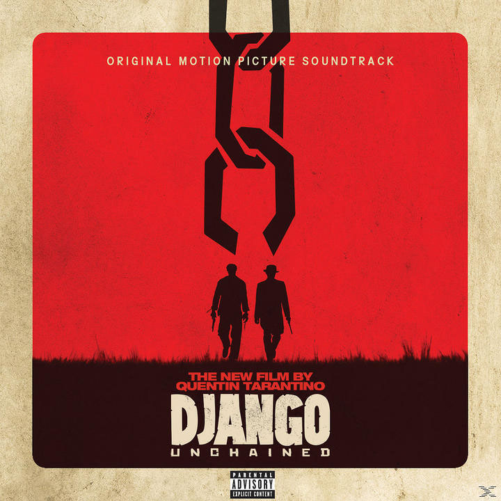 Das Cover des Django Unchained-Soundtracks. Zwei Figuren mit Waffen gehen vor rotem Hintergrund.