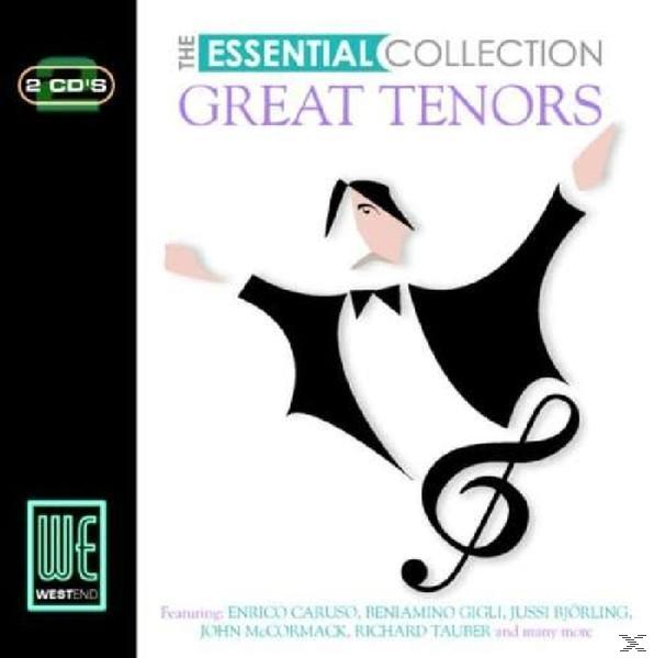 CD-Cover von The Essential Collection Great Tenors. Ein Cartoon-Tenor mit ausgestreckten Armen. Westend-Logo.
