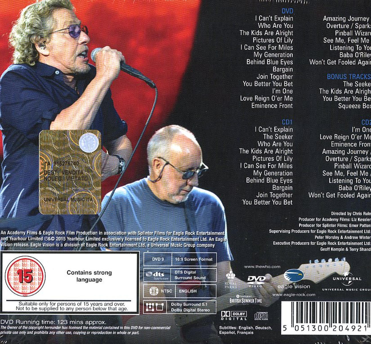 DVD-Cover eines Live-Konzerts. Es zeigt The Who, mit Aufkleber und Text auf Englisch.
