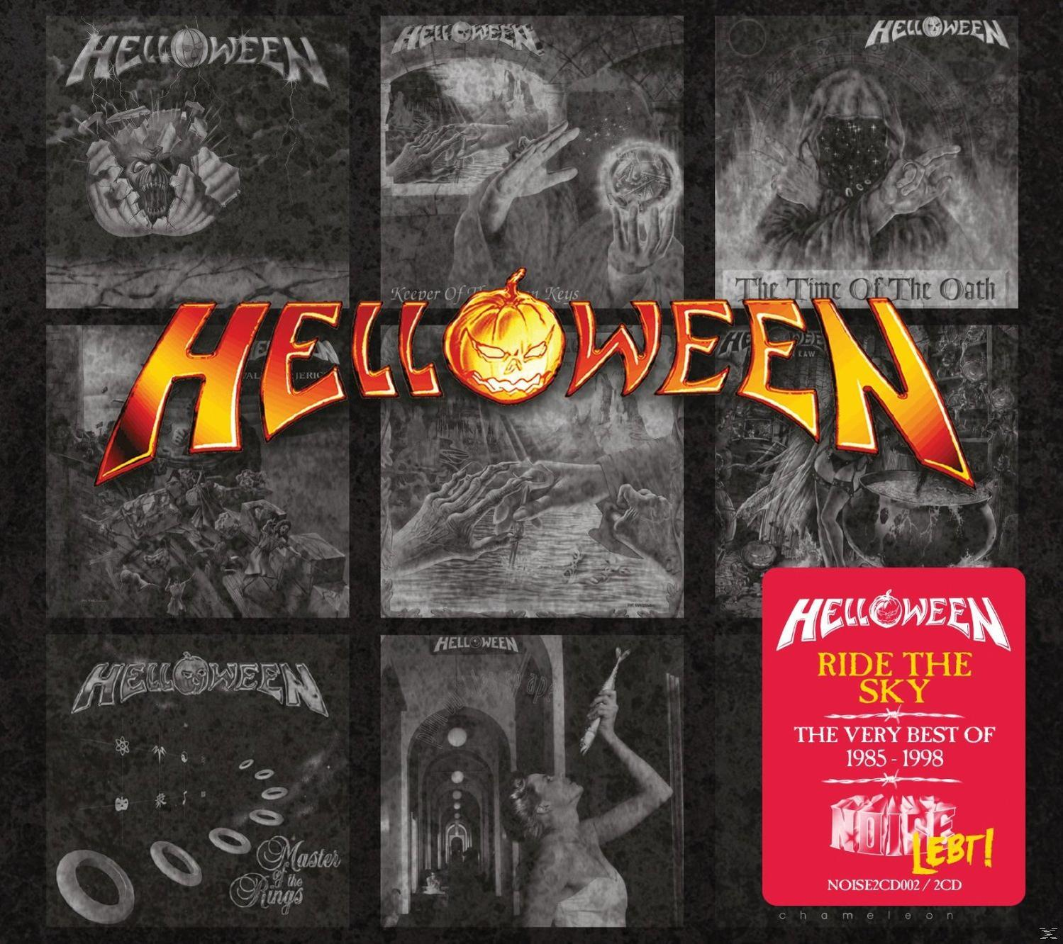 Helloween Albumcover: Bandlogo mit mehreren Albumcovern im Hintergrund.