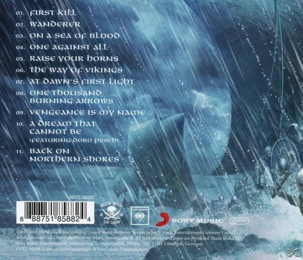 CD-Cover mit einem Wikingerschiff auf dem Meer. Songtitel sind auf der linken Seite aufgelistet.