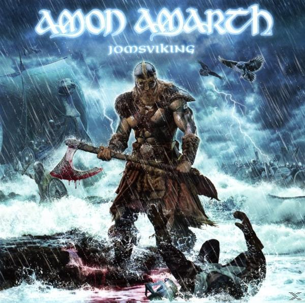 Amon Amarth Albumcover. Wikingerkrieger mit Axt. Meer, Sturm und Kampfszene.