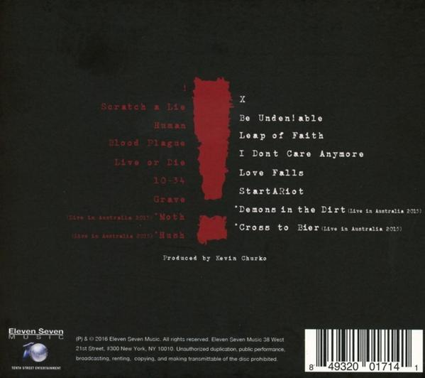 Album-Rückseite. Rotes Ausrufezeichen, Songtitel und Text. Schwarzer Hintergrund.