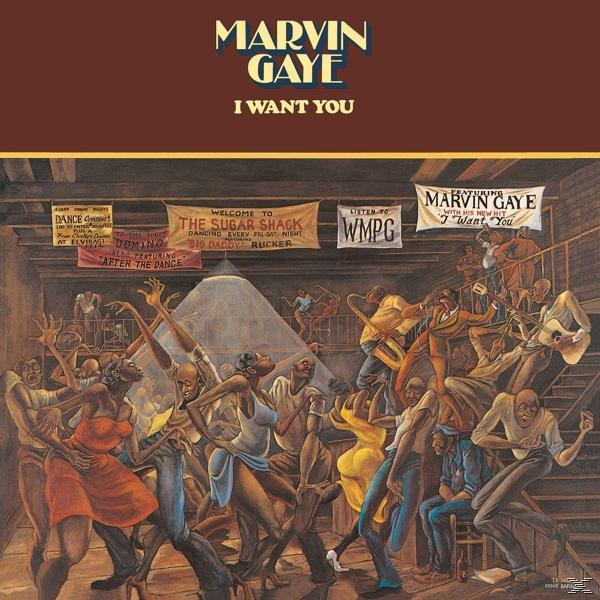 Ein Gemälde zeigt tanzende Menschen in einem überfüllten Raum mit Schildern darüber. Der Text 'I Want You' steht oben.
