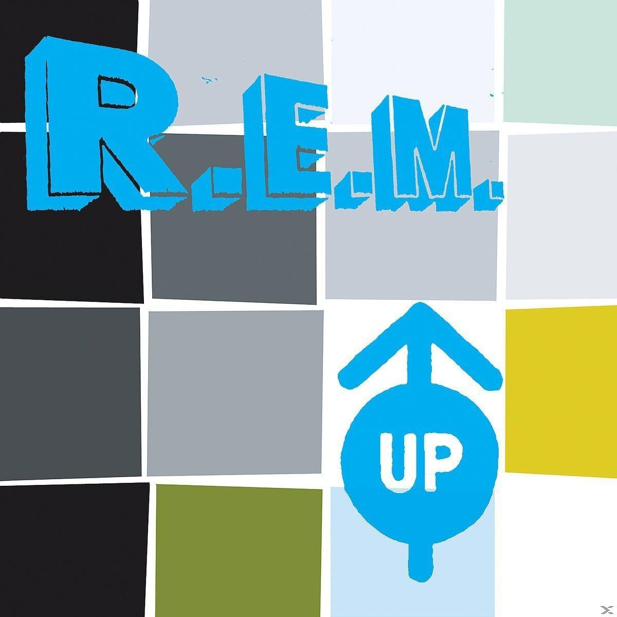 Albumcover von R.E.M. mit blauen Buchstaben. Das Wort 'UP' steht in einem blauen Kreis.