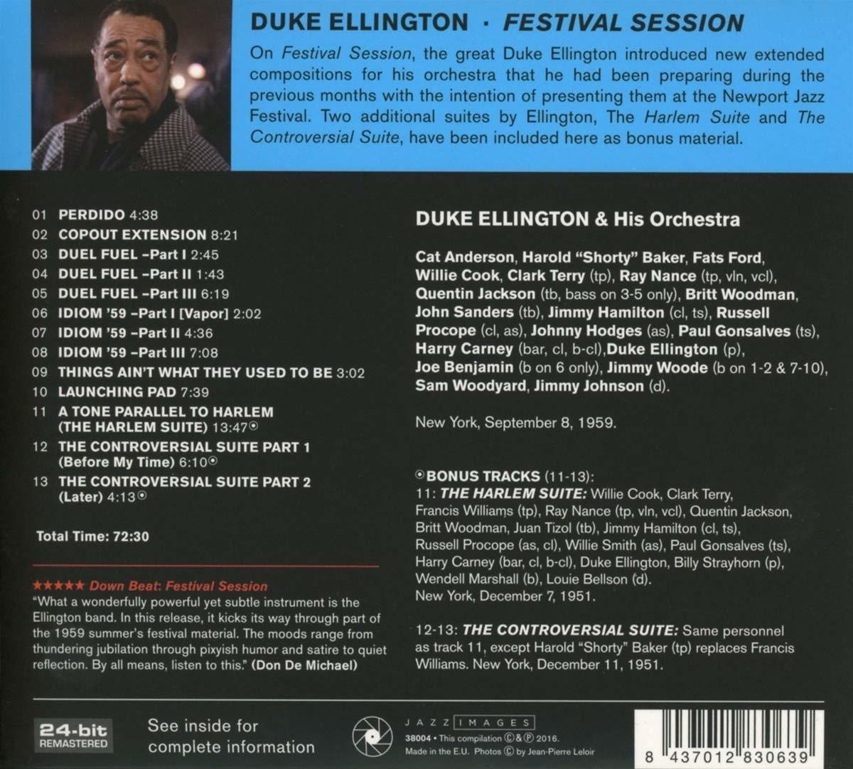 CD-Cover von Duke Ellington. Porträt von Duke Ellington. Text: Festival Session, Duke Ellington & Orchestra.