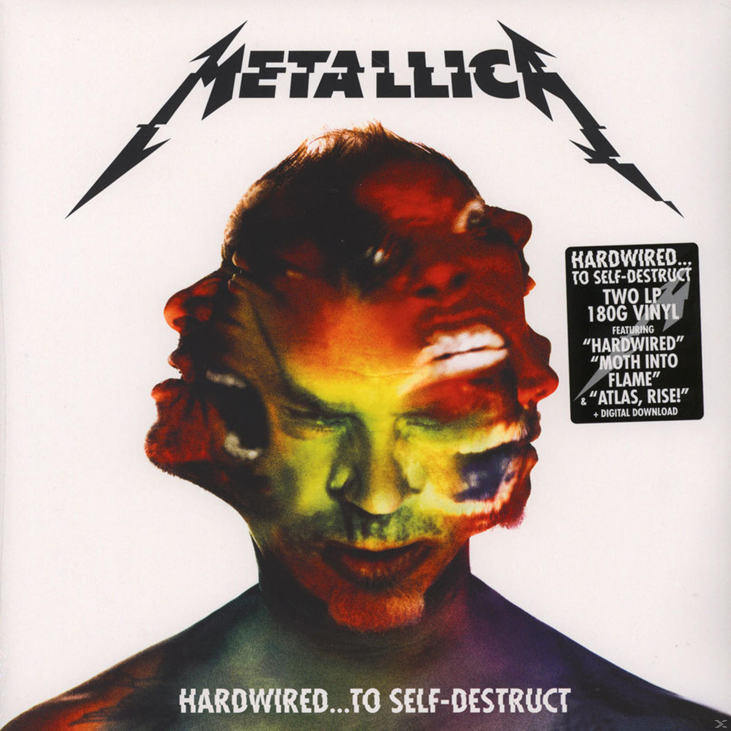 Metallica-Albumcover mit verzerrtem Gesicht. Schwarzer Text unten und ein Aufkleber rechts.