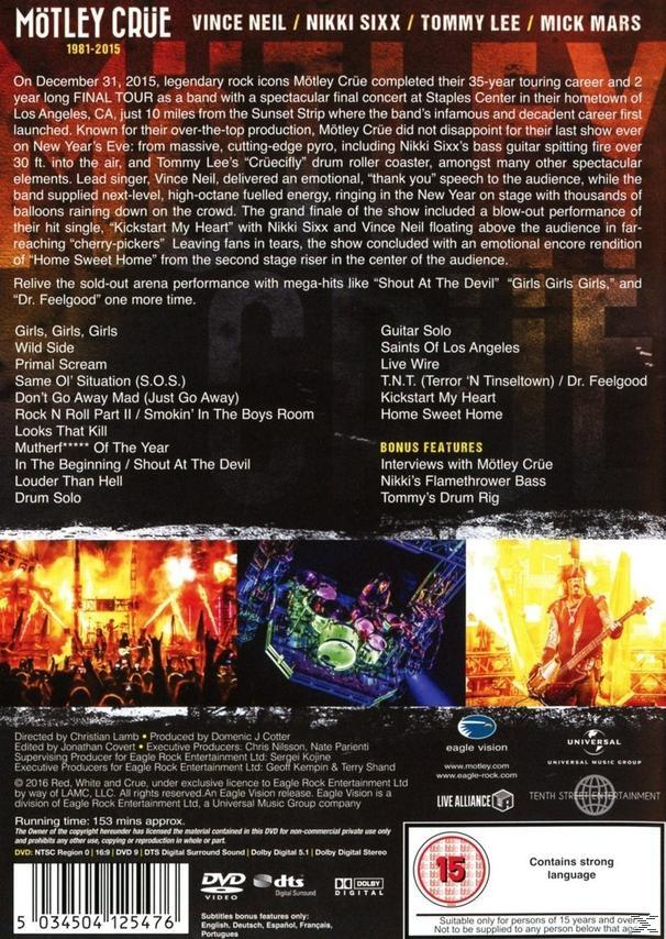 Poster für ein Motley Crue Konzert: Bandmitglieder, Bühne und Text.