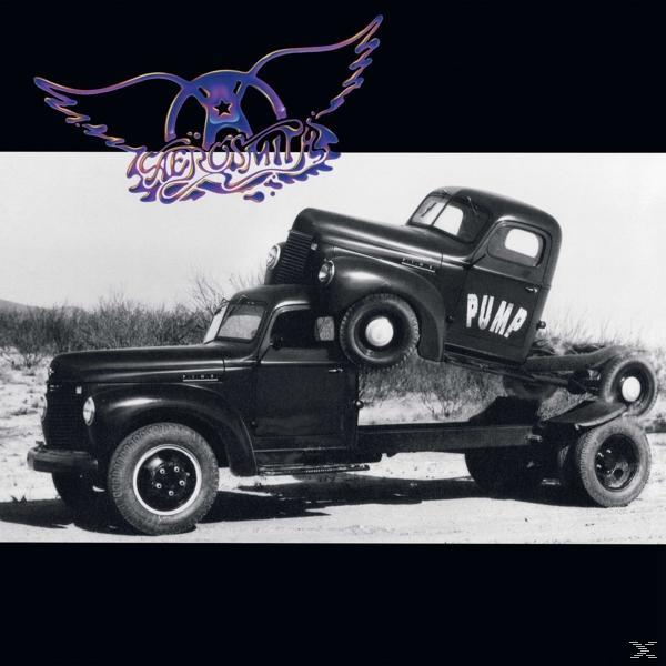 Aerosmith-Albumcover. Zwei schwarze Lastwagen sind gestapelt, mit dem Wort "PUMP" auf der Seite des oberen Lastwagens.