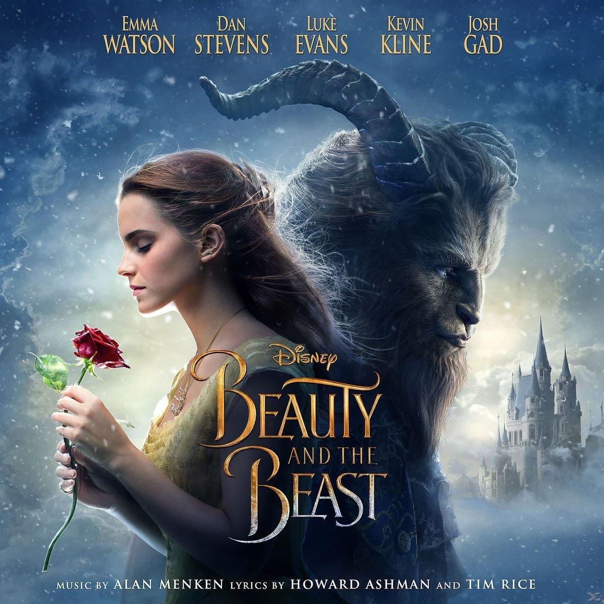 Filmplakat für Die Schöne und das Biest. Emma Watson als Belle und ein Biest. Schnee und ein Schloss im Hintergrund.