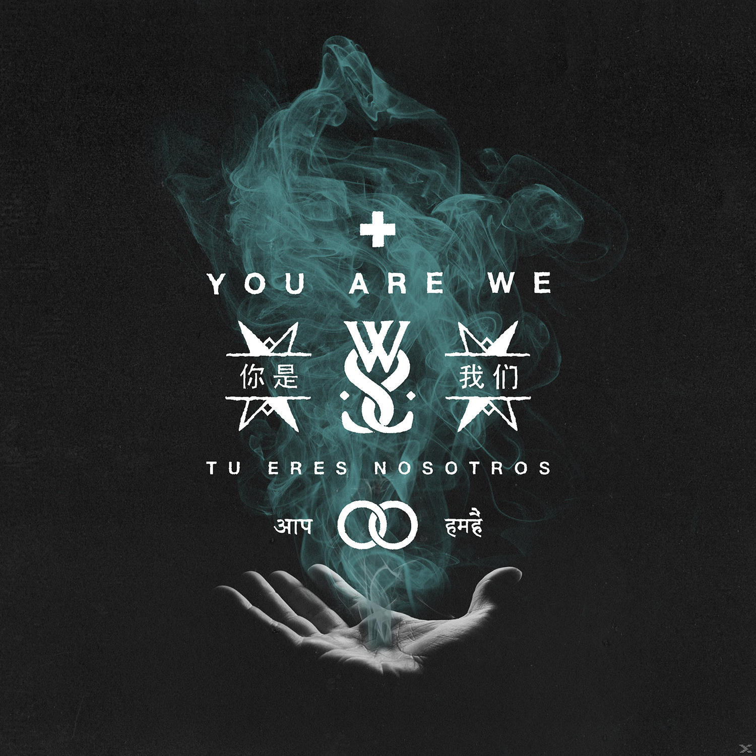 Albumcover mit Text: You Are We, mit Händen, Rauch und Symbolen.