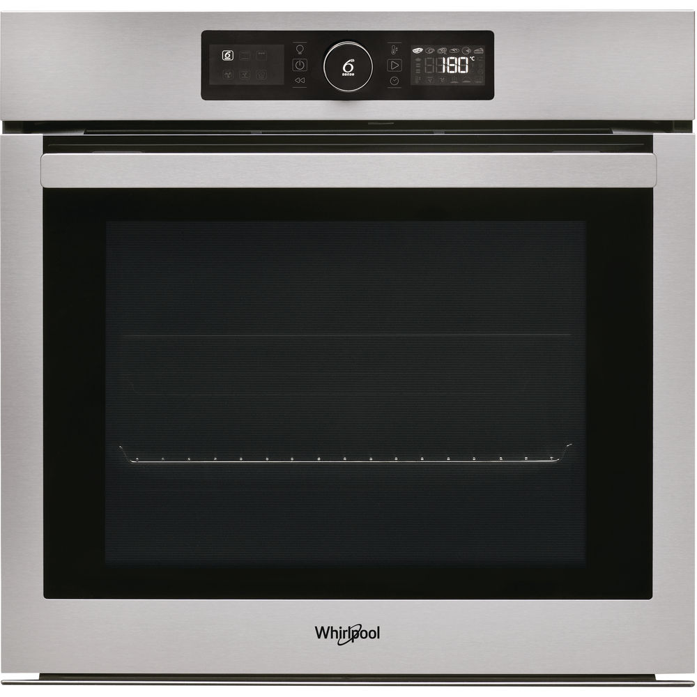 Ingebouwde oven van roestvrij staal. Bedieningselementen bovenop. Zwart interieur.