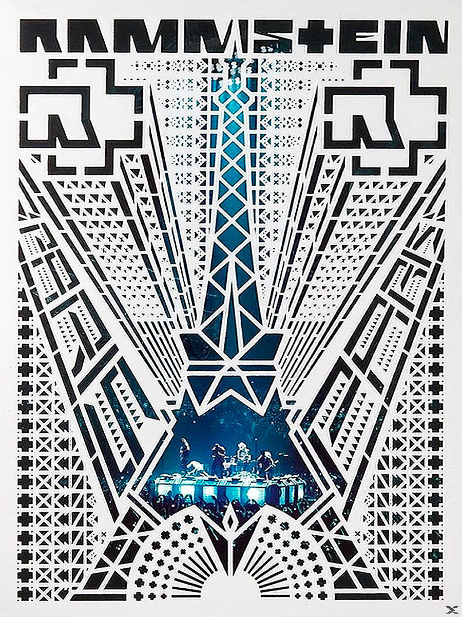 Rammstein Albumcover: ein grafisches Schwarz-Weiß-Design mit Bühne und Bandmitgliedern.