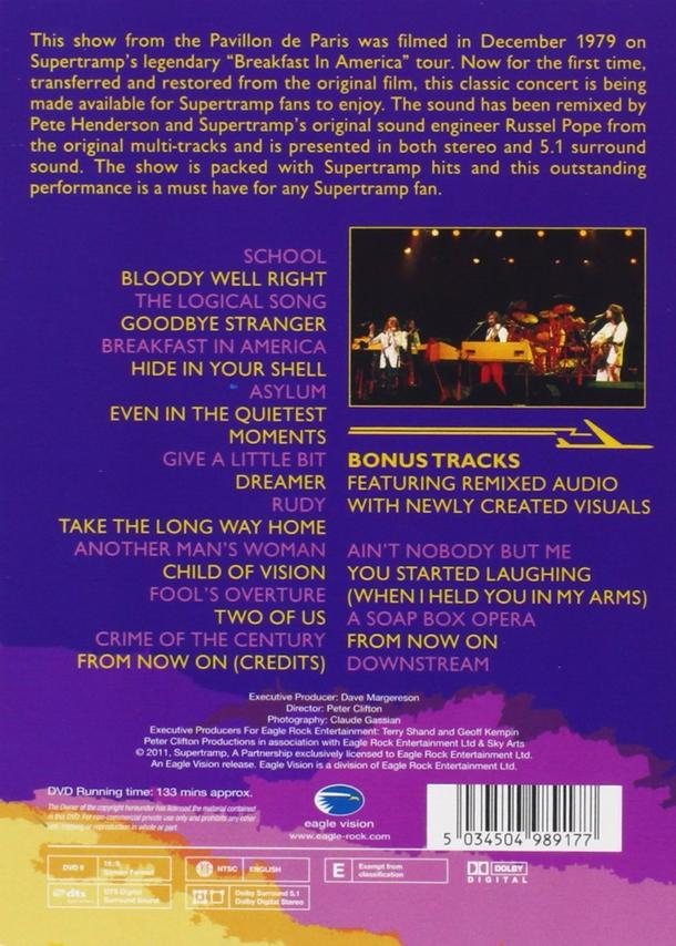 Die Rückseite einer DVD-Hülle mit Text über ein Supertramp-Konzert und Trackliste.
