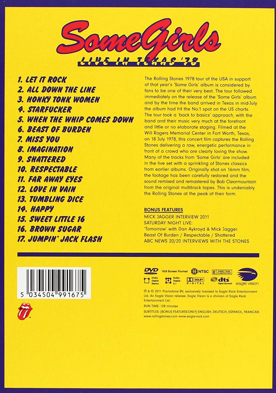 Rückseite einer 'Some Girls' DVD mit Titelliste, Rolling Stones Logo und Text.