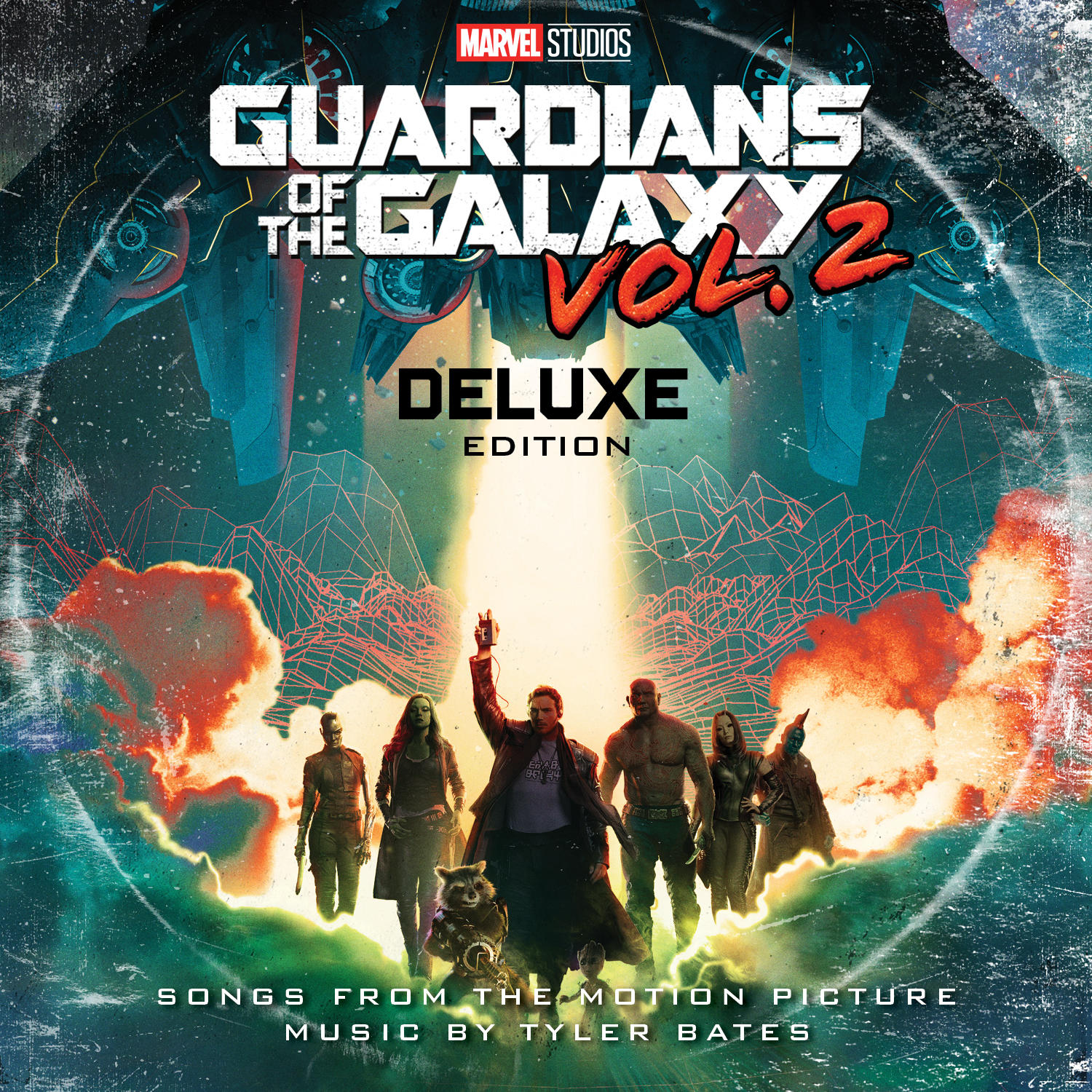 Albumcover für 'Guardians of the Galaxy Vol. 2' mit Charakteren und Weltraumszene.