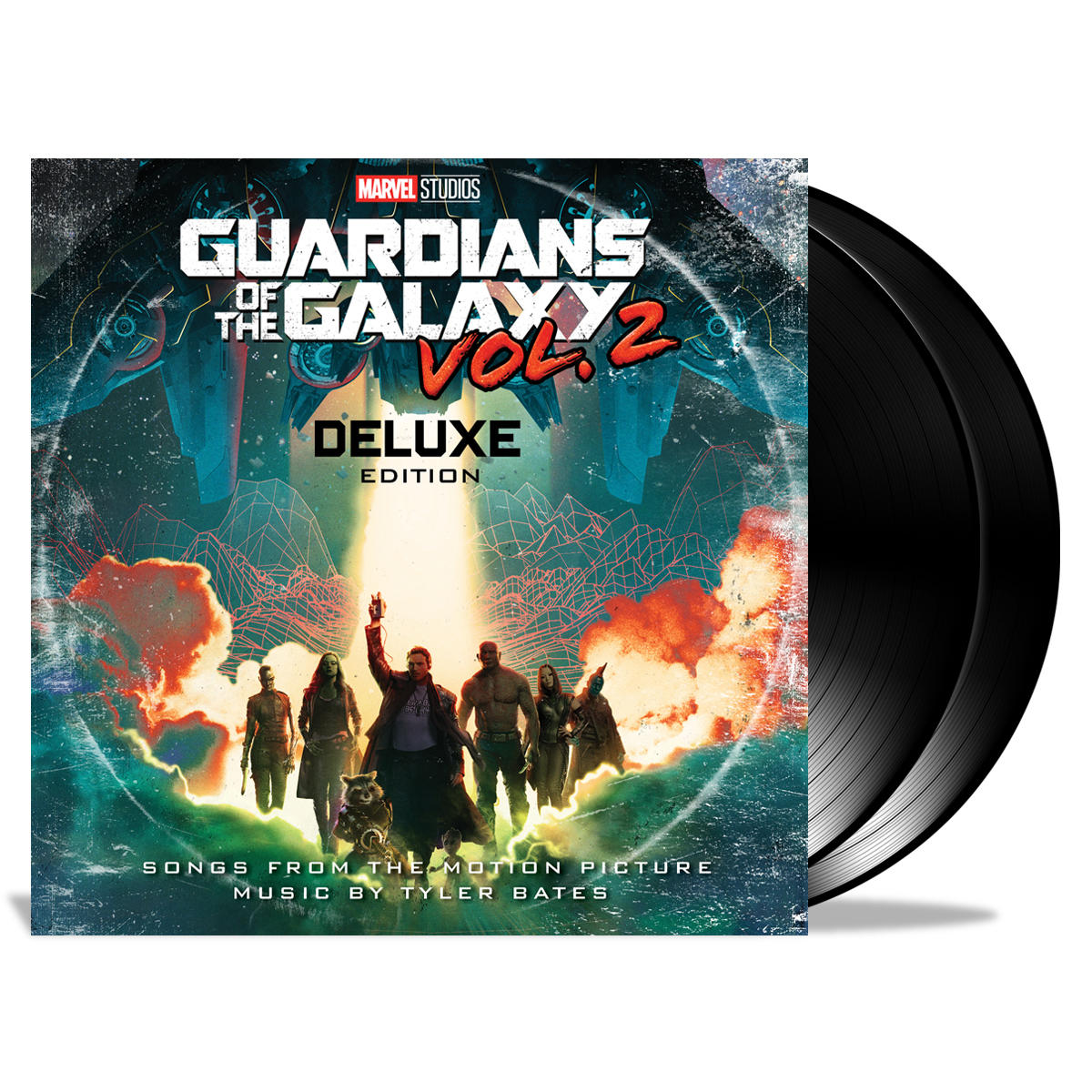 Albumcover mit den Guardians of the Galaxy Vol. 2-Charakteren und zwei schwarzen Schallplatten.