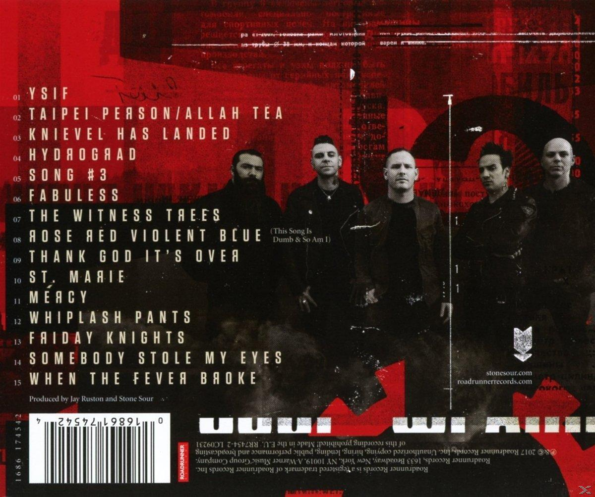 Ein CD-Cover mit Bandfoto und Titelliste, mit rotem und schwarzem Farbschema.