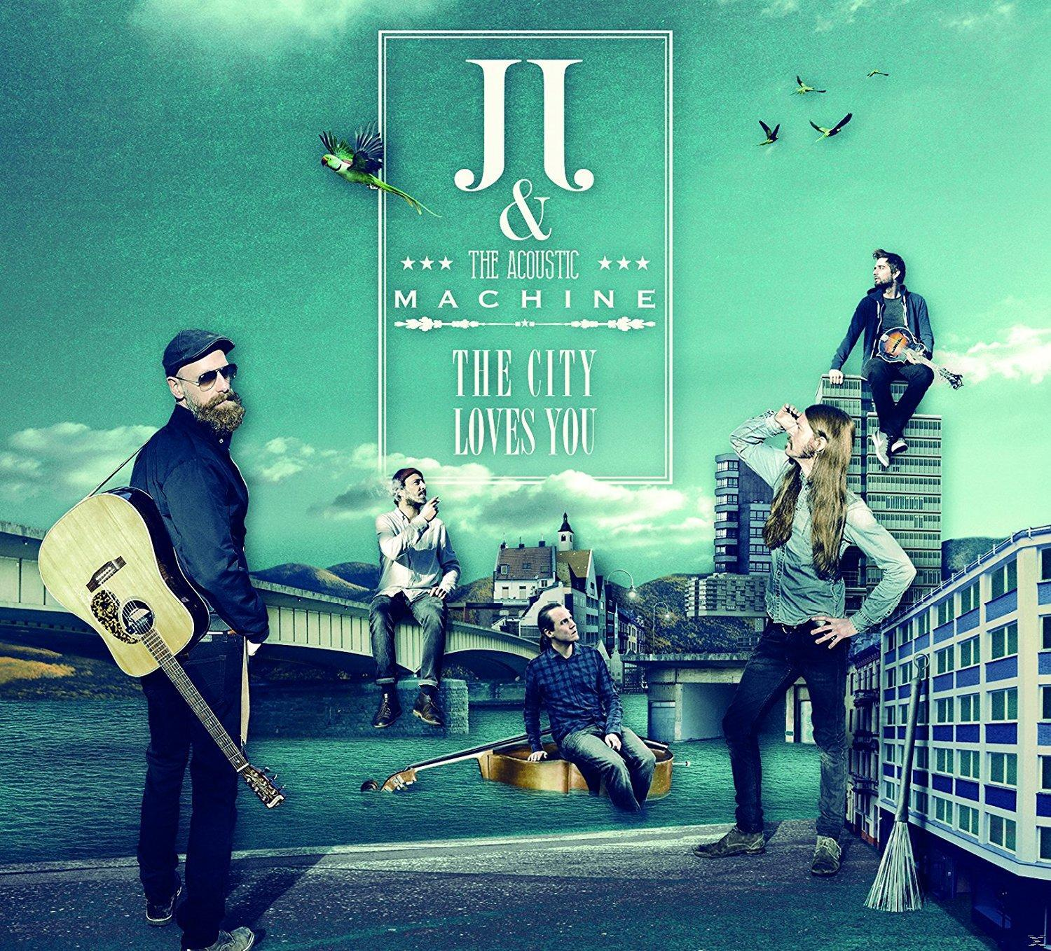 Albumcover: JL & The Acoustic Machine, The City Loves You. Bandmitglieder in einer Stadtszene mit einem Papagei.