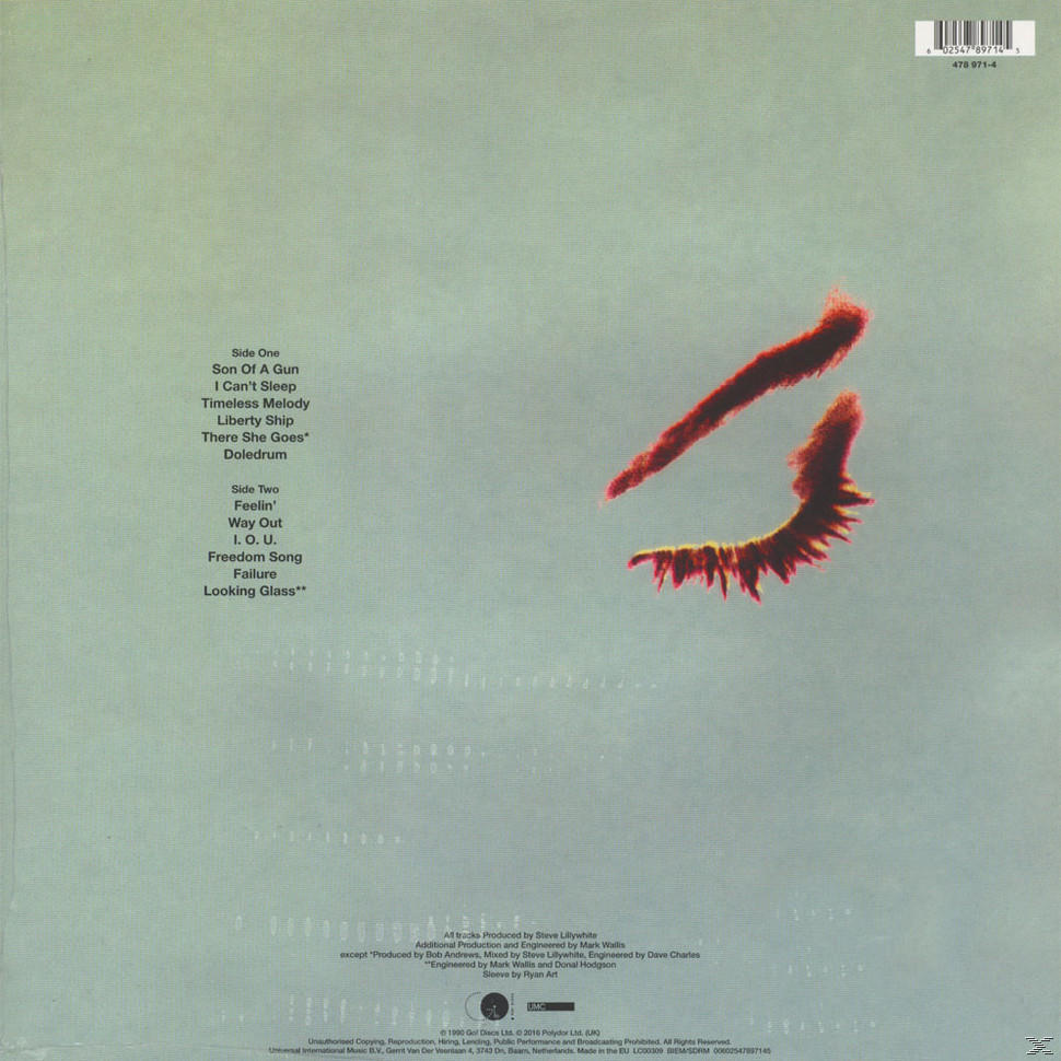 Album-Rückseite mit Songtiteln und Credits. Oben ein rotes abstraktes Design.