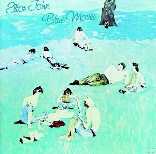 Elton John, Blue Moves Albumcover. Menschen im Wasser. Blaues und weißes Farbschema.