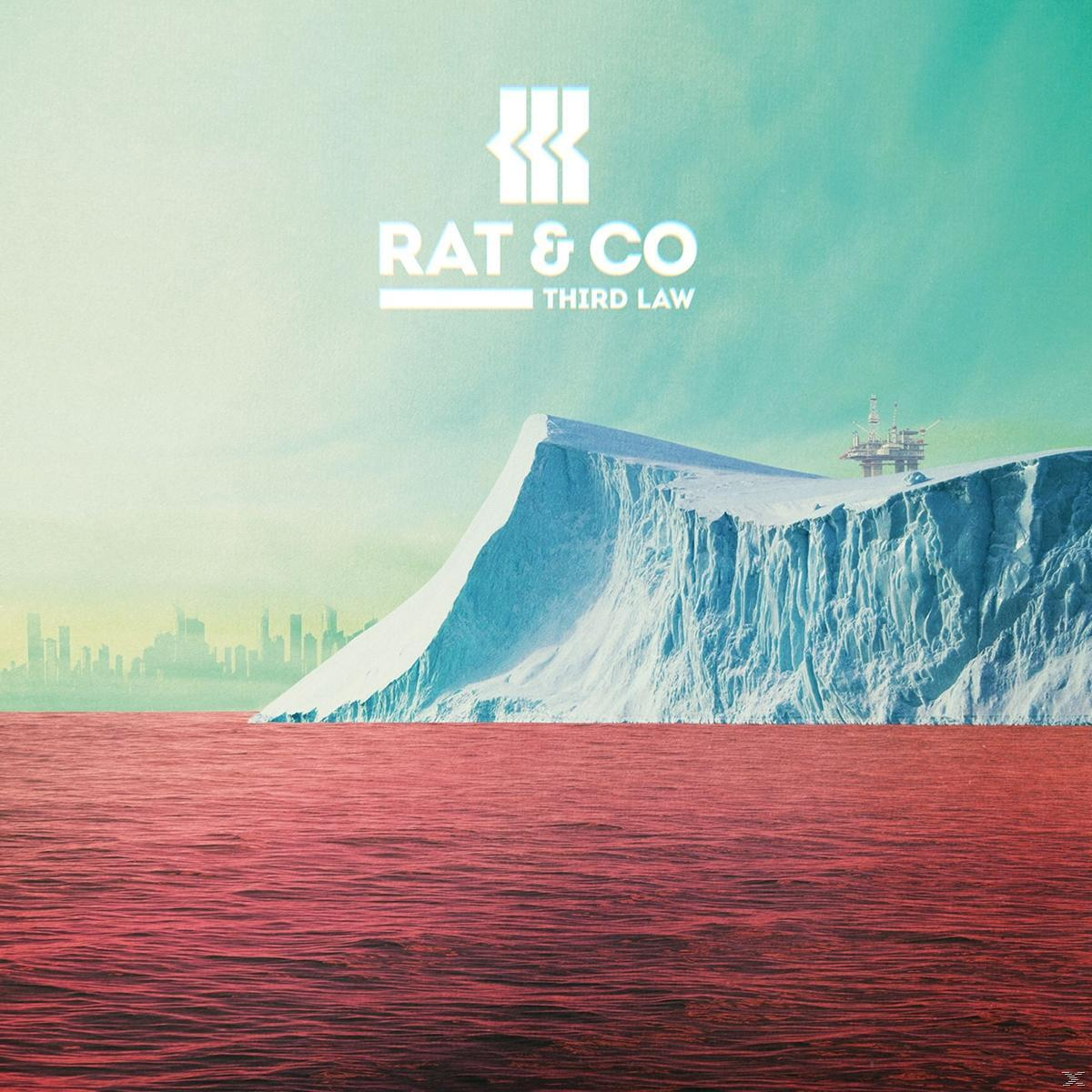 Albumcover mit Eisberg, rotem Meer und Text 'RAT & CO THIRD LAW'. Im Hintergrund eine Stadt.