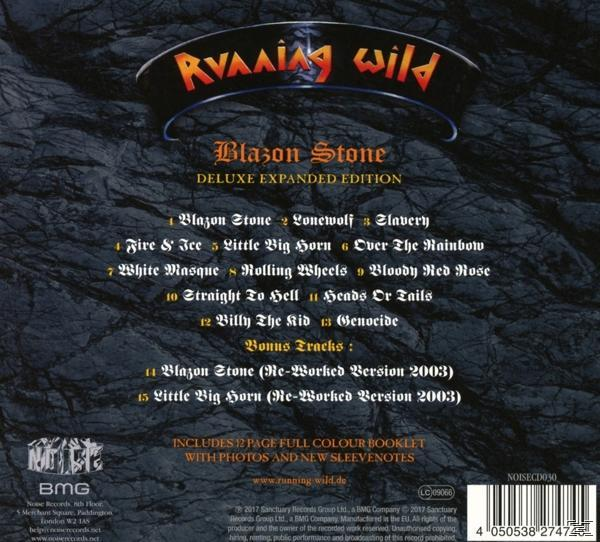 Rückseite des Running Wild Albums "Blazon Stone" mit Titeln und Bandlogo.