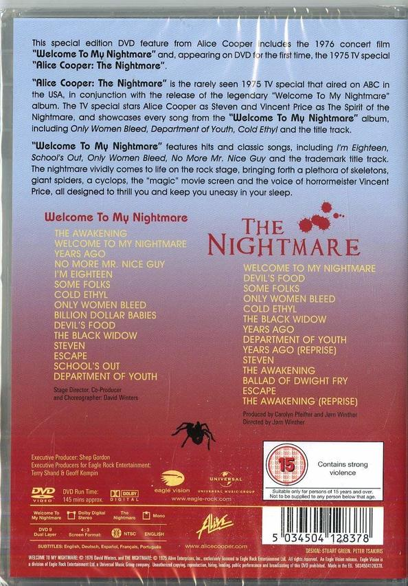 Rückseite einer DVD-Hülle. Listet Songs und Credits einer Alice Cooper Show, mit einem Spinnen-Symbol.