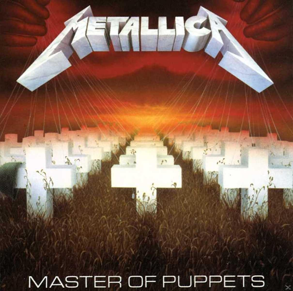 Albumcover von Metallicas Master of Puppets mit weißen Kreuzen auf einem Feld. Das Bandlogo ist oben.
