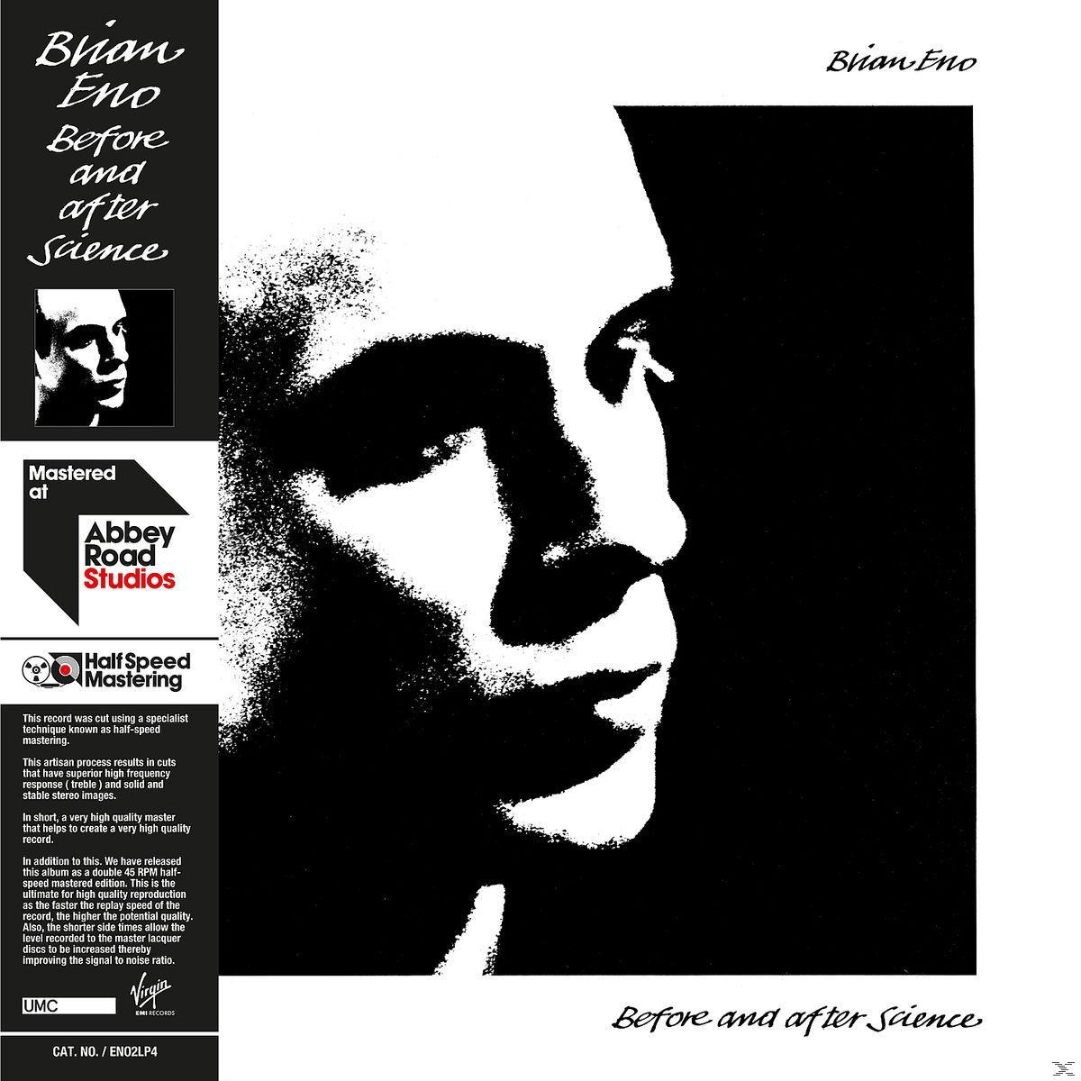 Albumcover. Schwarz-Weiß-Bild von Brian Enos Gesicht. Text lautet 'Before and After Science'.