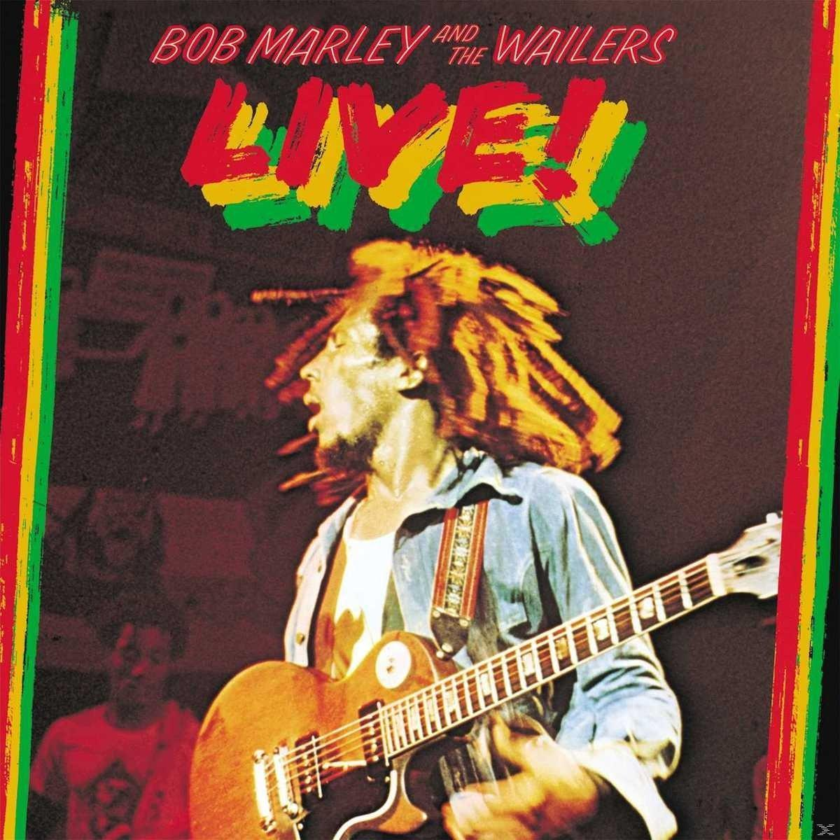 Bob Marley spielt auf der Bühne Gitarre. Roter, gelber, grüner Rand. Text lautet 'LIVE!' und 'Bob Marley'.