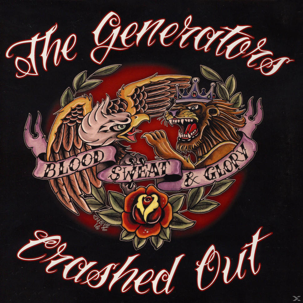Ein Adler und ein Löwe kämpfen, Text 'BLOOD SWEAT & GLORY', mit einer Rose und Text 'Crashed Out'.