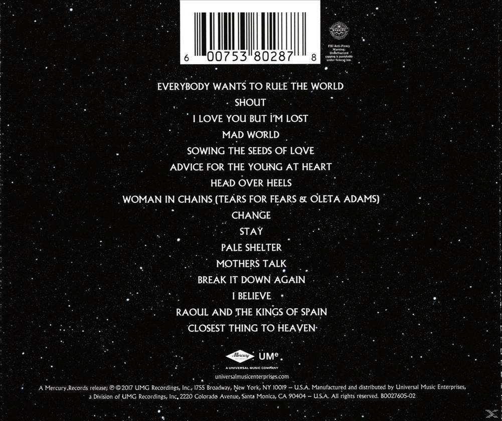 Rückseite des Albums mit Titelliste, Barcode und Logos des Schallplattenlabels auf sternenklarem Schwarz.