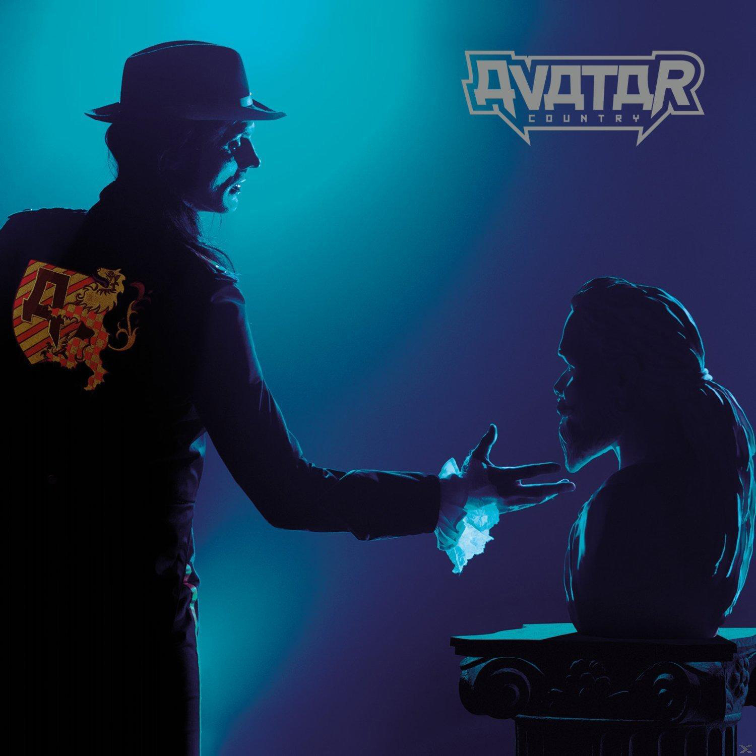 Avatar Country Albumcover: Ein Mann mit Hut deutet auf eine Büste. Ein blauer Hintergrund. Der Titel steht oben.
