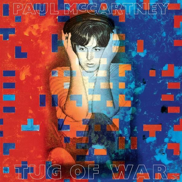 Paul McCartney Albumcover: Buntes abstraktes Design mit Foto von McCartney, der sich die Ohren zuhält. 'Tug of War'.