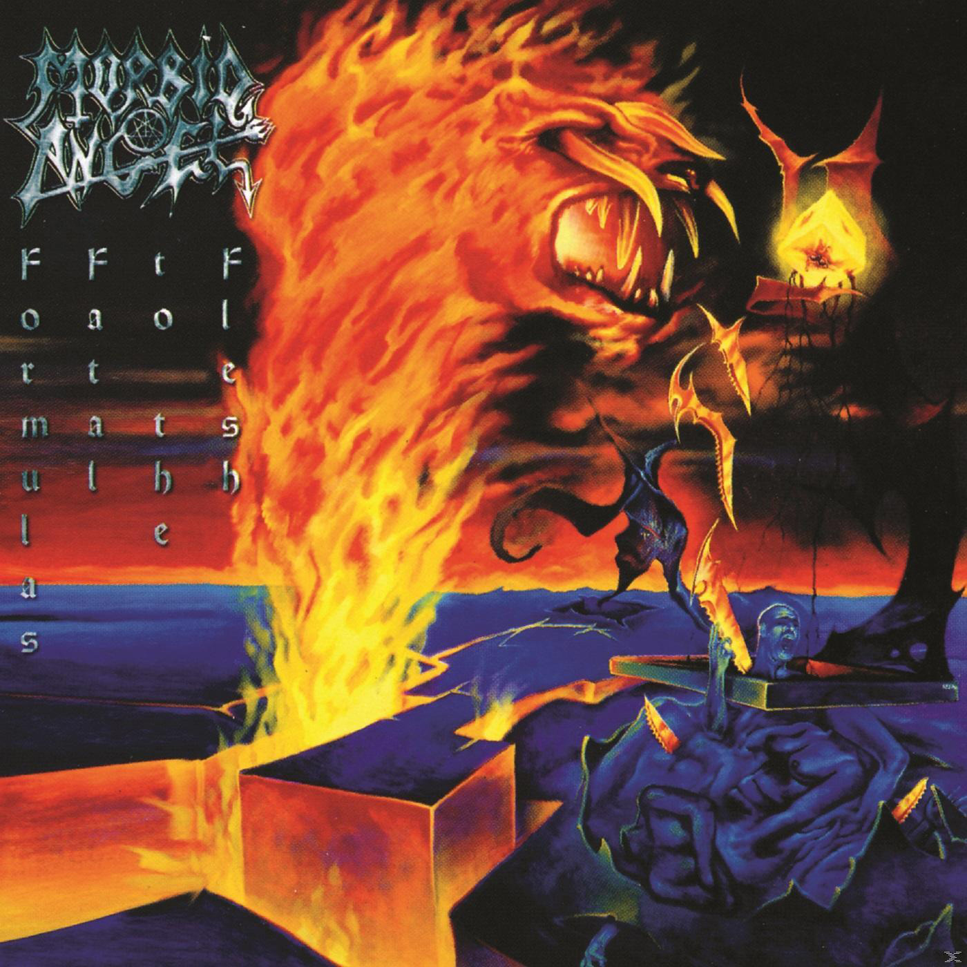 Albumcover mit Flammen und einer dämonenartigen Figur. Der Text enthält den Bandnamen 'Morbid Angel'.
