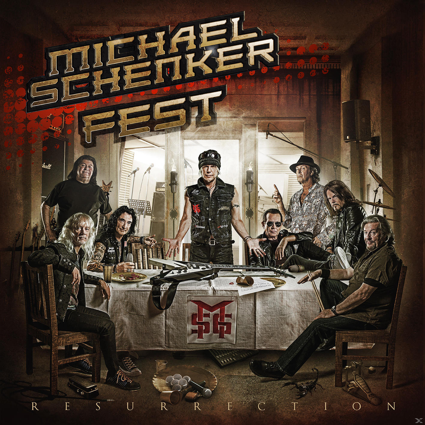 Albumcover: Musikergruppe um einen Tisch. Text 'Michael Schenker Fest' und 'Resurrection'.