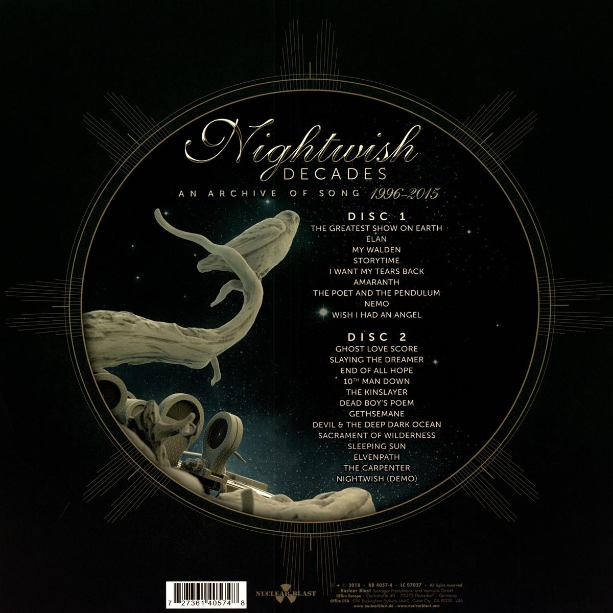 Albumcover mit der Songliste von Nightwish 'Decades'. Das Cover ist überwiegend schwarz-weiß.