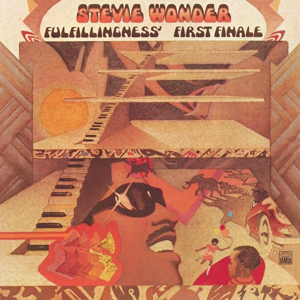 Album borító Stevie Wonderrel, 'Fulfillingness' First Finale' címmel, élénk színekkel.